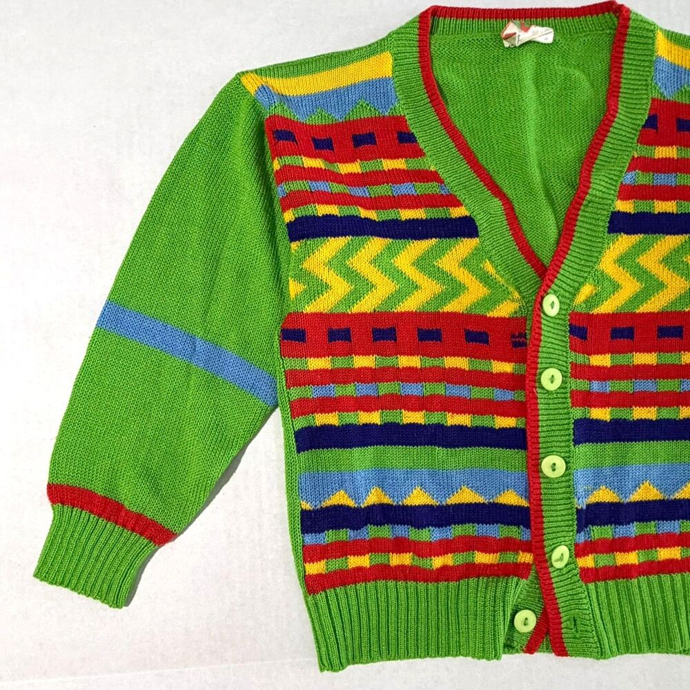 VTG Papiro Green Pattern Children' Cardigan Sweater, 7, 80s 70s Colorful